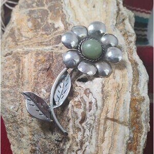 Old Vtg Mexico Sterling Silver Green Garnet Flower Brooch Pin 18.7g Large 3 1/8"